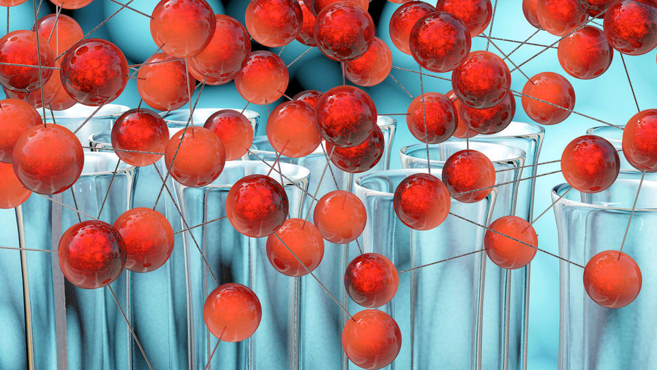 Red nodes on blue background